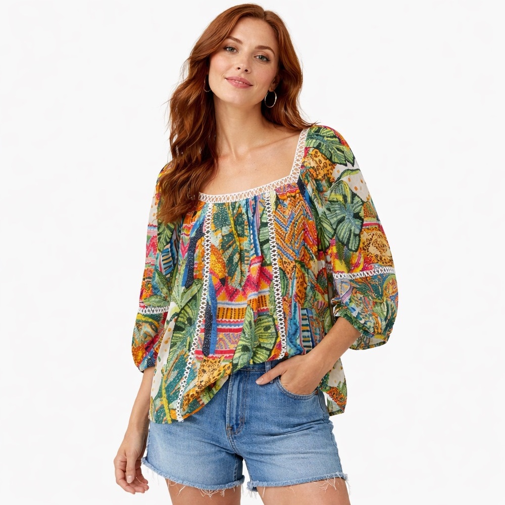 Farm Rio x Anthropologie Tropical Leopard Crochet Trim Balloon Sleeve Blouse M